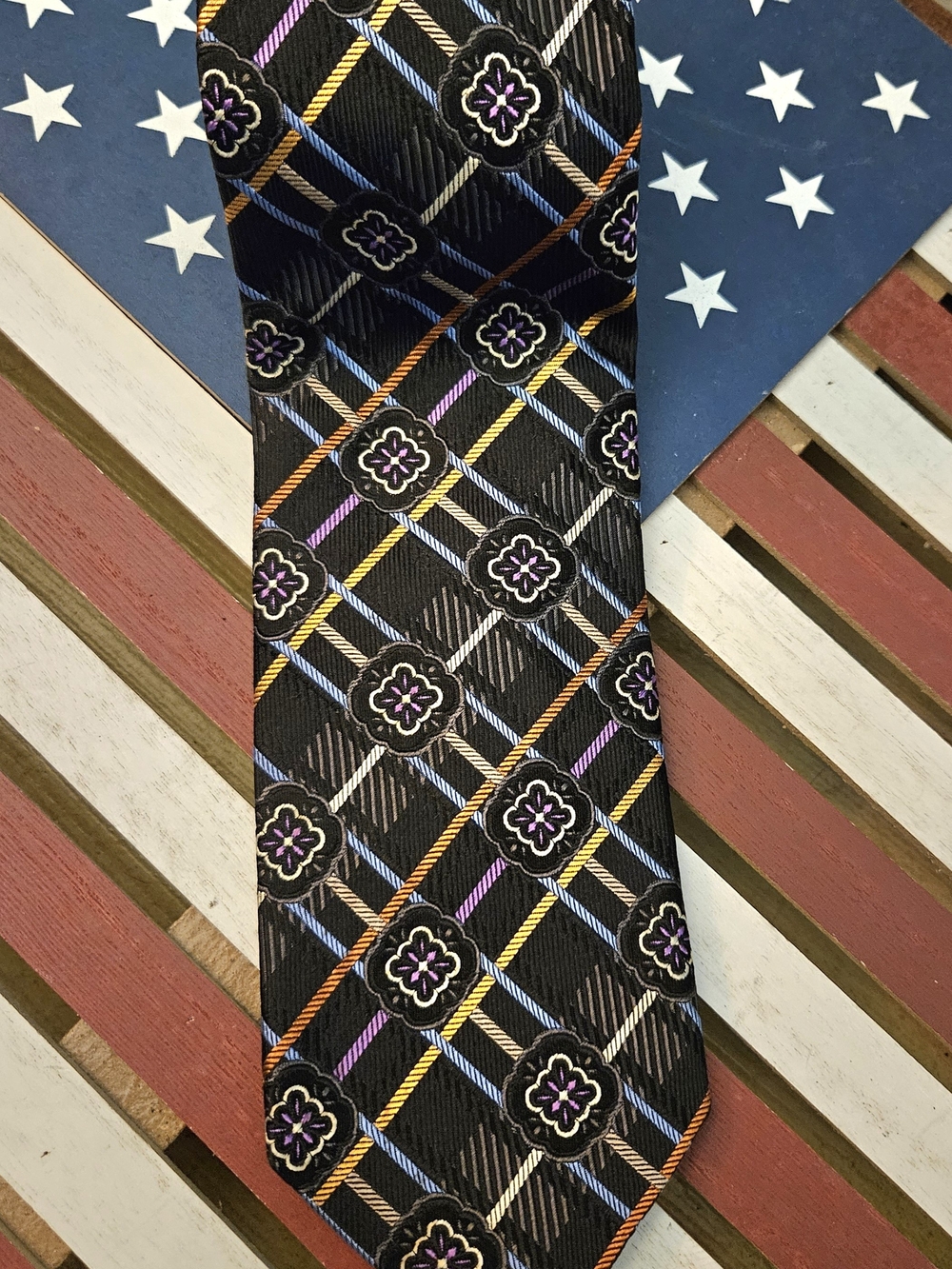 Black Floral Geometric Men's Tie with Purple and Gold Accents - Unbranded